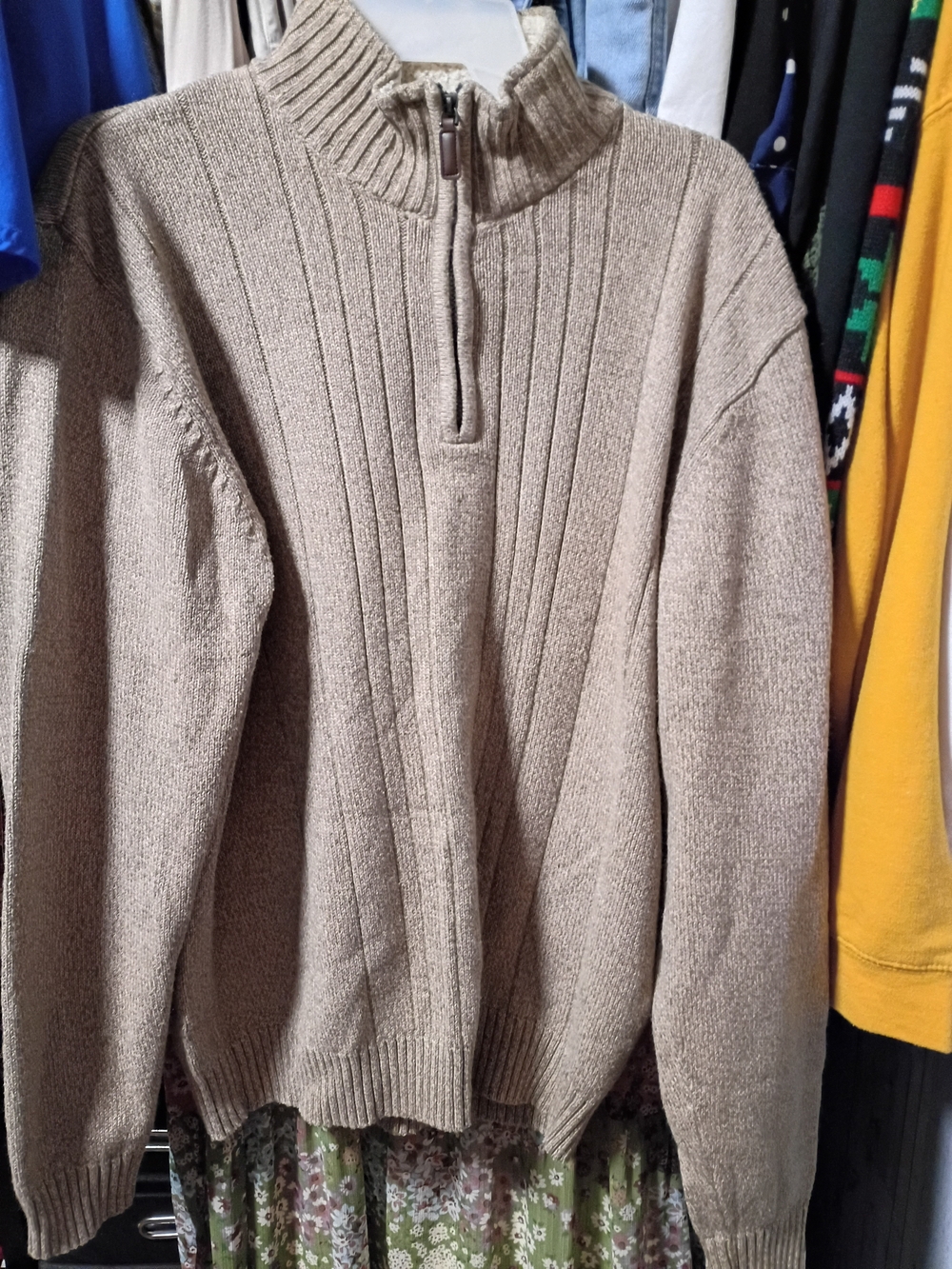 Oscar de la Renta Taupe Ribbed Half-Zip Sweater